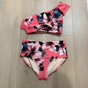 Albion Fit Icon Wave Two Piece Swimsuit Womens M One Shoulder Ruffle High Waist